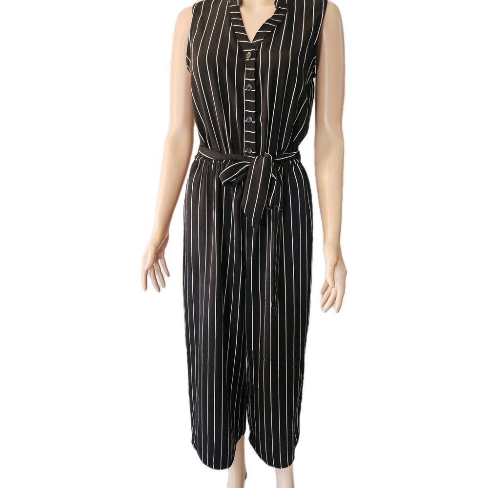 Fortune Ivy Pinstripe V-Neck Wide Leg Jumpsuit Size XS